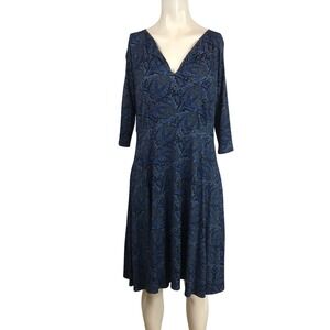 SALAAM Blue Paisley Print V Neck 3/4 Sleeve Midi Dress Size M